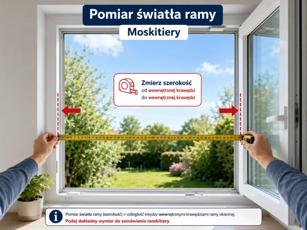 Edukacyjna instrukcja pokazująca, jak prawidłowo zmierzyć wewnętrzne światło ramy okna w celu zamówienia moskitiery ramkowej.