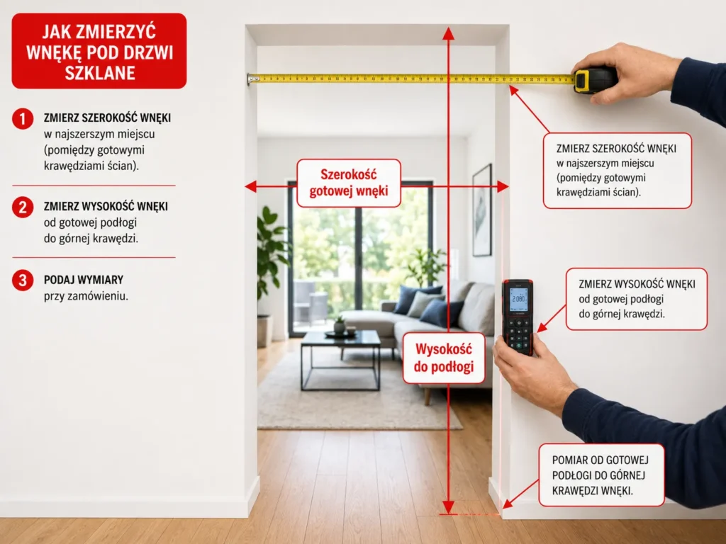 izualna instrukcja pokazująca prawidłowy pomiar gotowej wnęki w ścianie pod montaż drzwi całoszklanych.