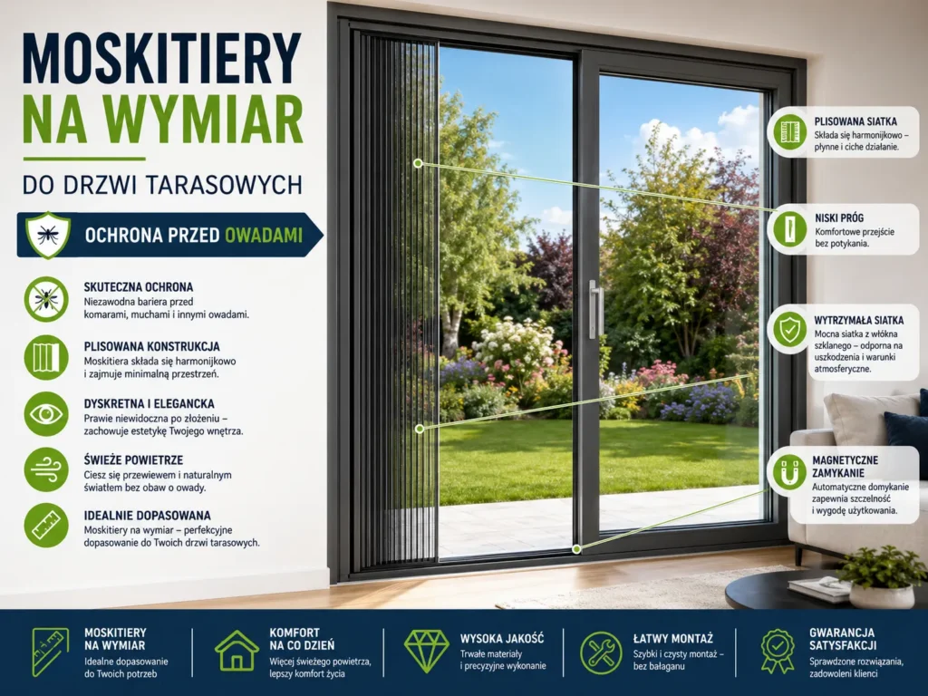 Zbliżenie na nowoczesną moskitierę plisowaną zamontowaną na dużych drzwiach tarasowych, zapewniającą ochronę przed owadami.