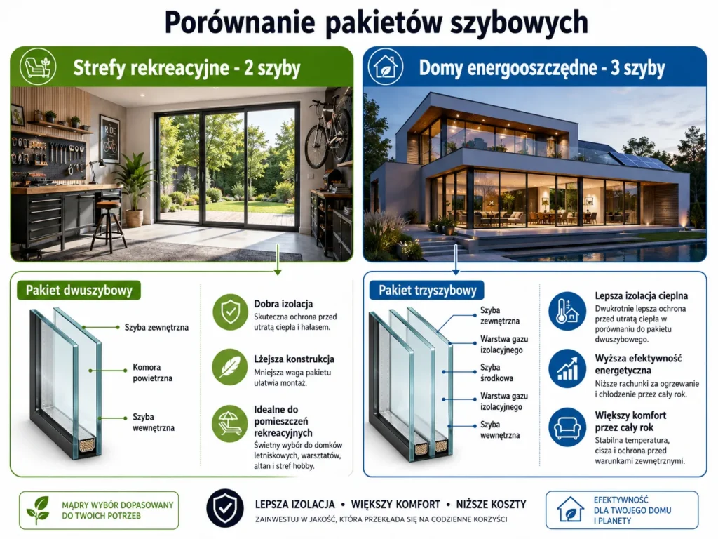 nfografika porównująca pakiety dwuszybowe do stref rekreacyjnych oraz potrójne szyby do nowoczesnych domów energooszczędnych.