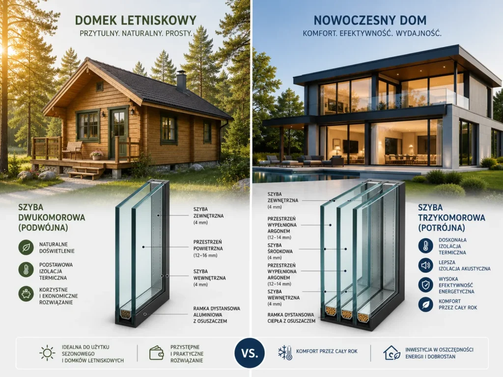 nfografika przedstawiająca dopasowanie pakietów szybowych: podwójne szyby do domku letniskowego oraz potrójne szyby do domu całorocznego.