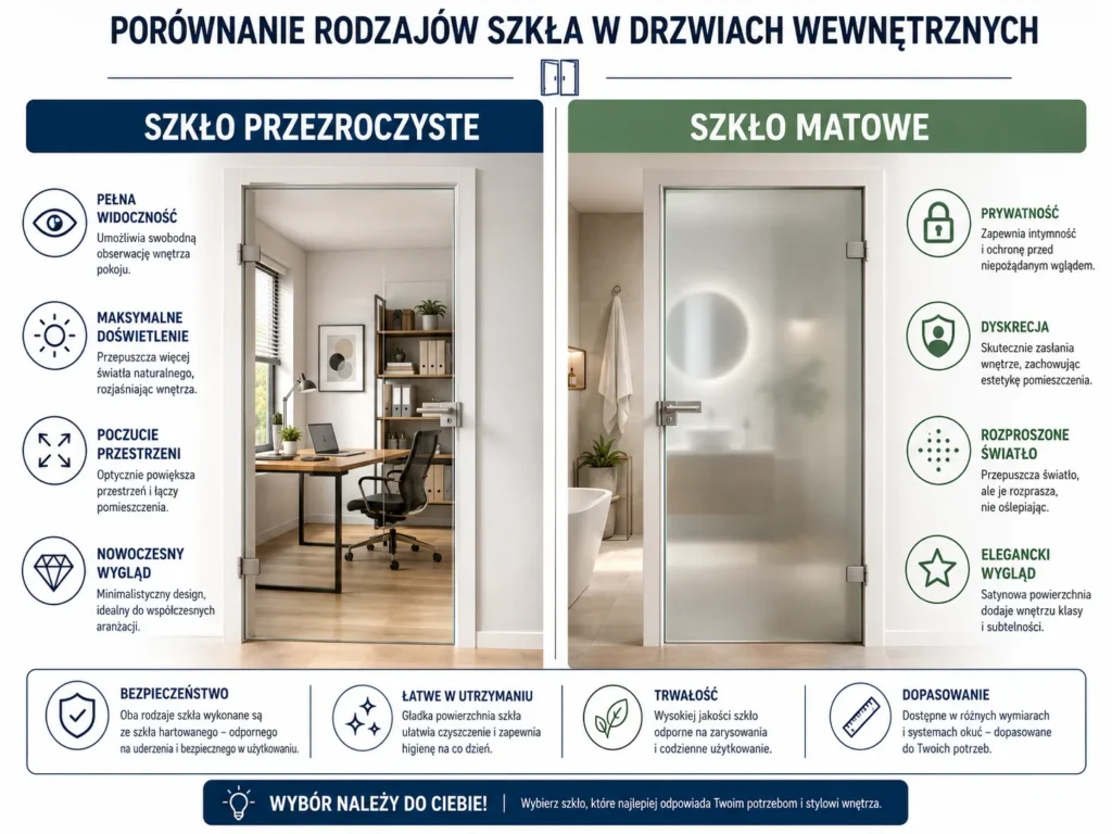 Infografika porównująca zastosowanie szkła transparentnego do salonów i biur oraz szkła matowego gwarantującego prywatność w łazienkach.