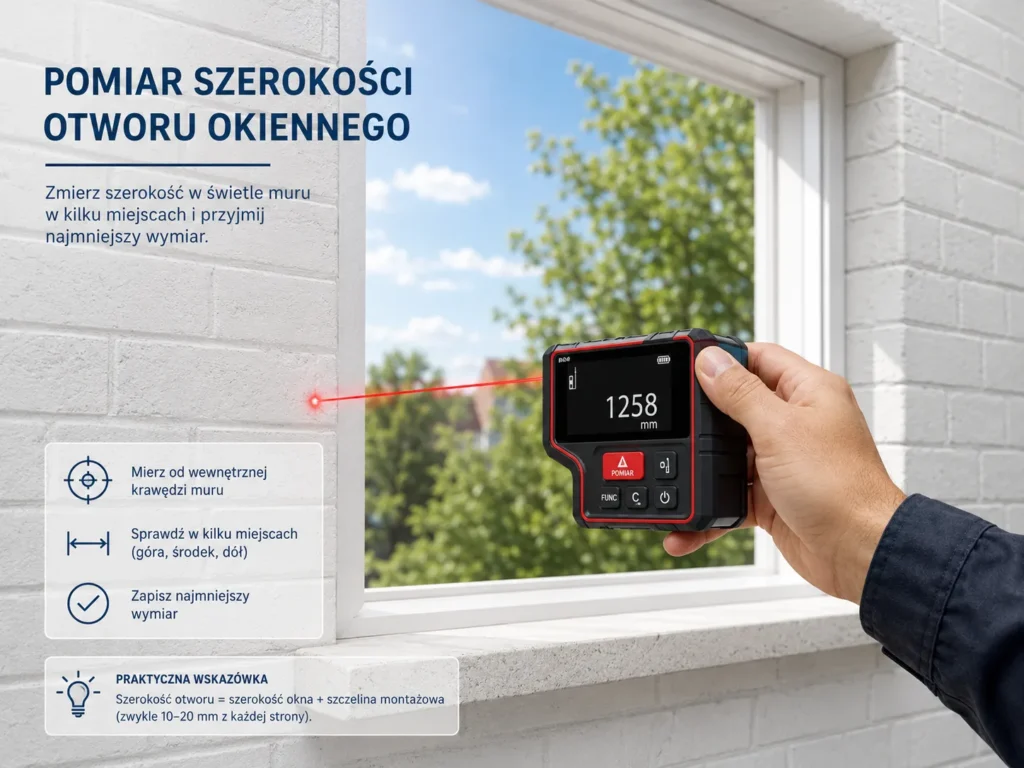 Pomiar laserowy szerokości otworu okiennego w murze wykonywany w celu przygotowania wyceny stolarki.