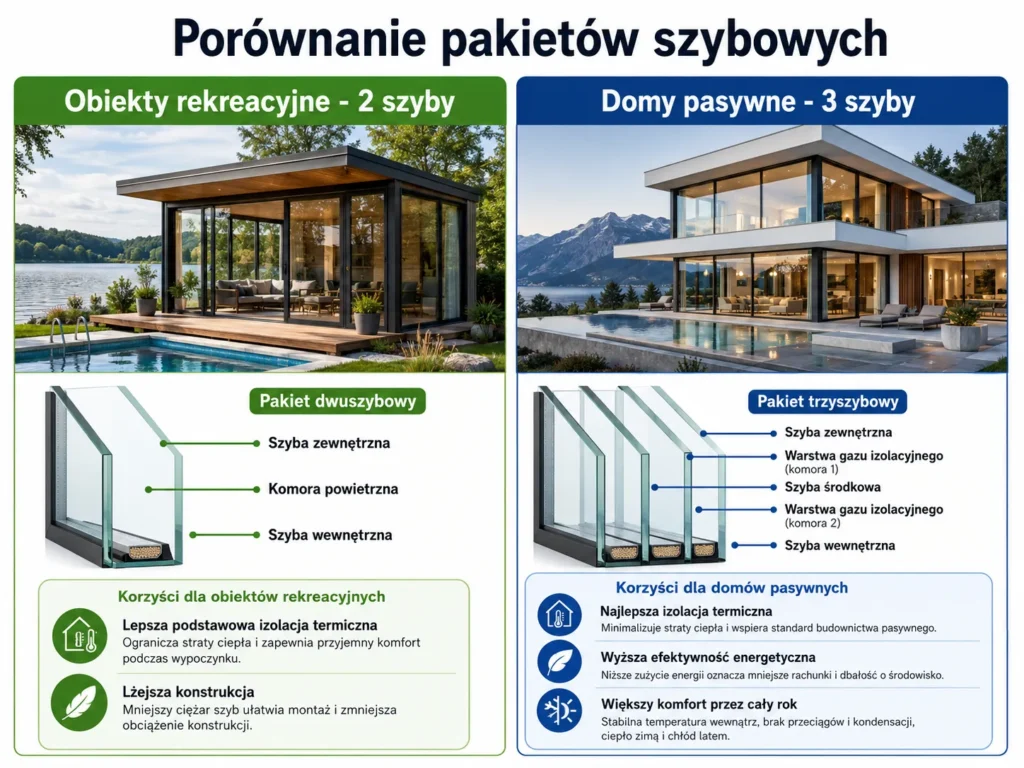 Schemat porównawczy przedstawiający dobór pakietów szybowych do drzwi tarasowych w zależności od rodzaju budynku.